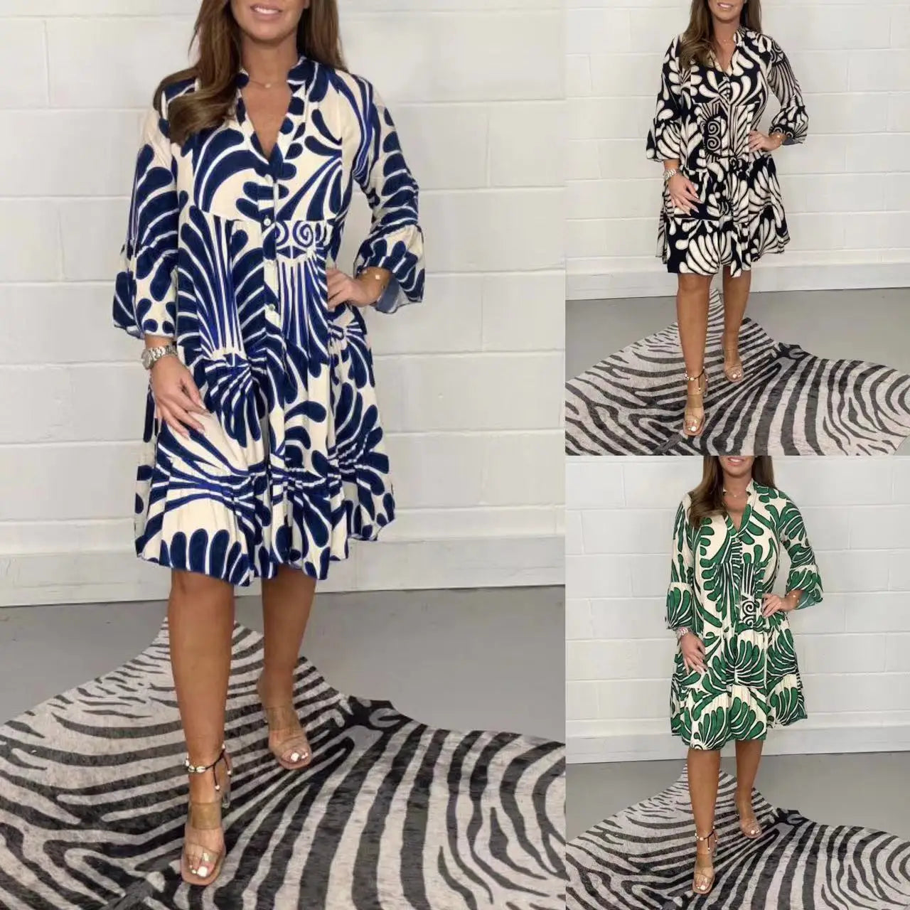 2023 Autumn/Winter New Women's V Neck Printed Loose Casual Dress
