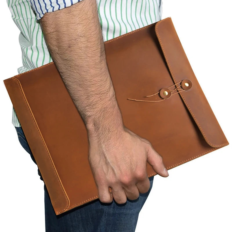 Crazy Horse Cowhide Genuine Leather A4 File Bag Portfolio Envelope Document Holder for Men Women Stylish Briefcase for Office