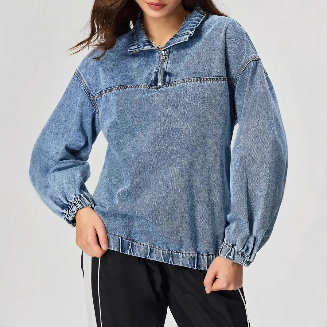 2025 Women's  New Loose Pullover Zipper Casual Denim Top Trendy Hoodie for Summer Autumn Winter