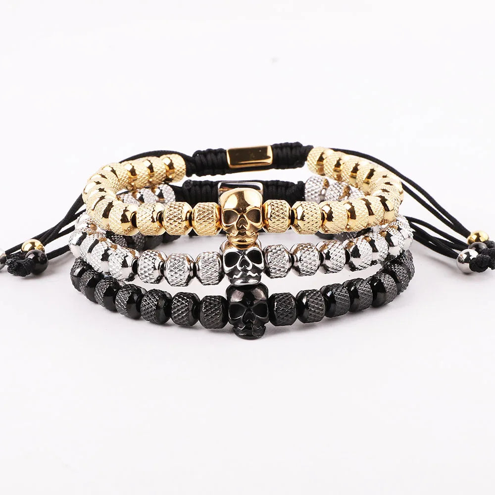 New Design 18K Gold PVD Plated Stainless Steel Skull Charm Bead Macrame Bracelet Men Jewelry JBS12404