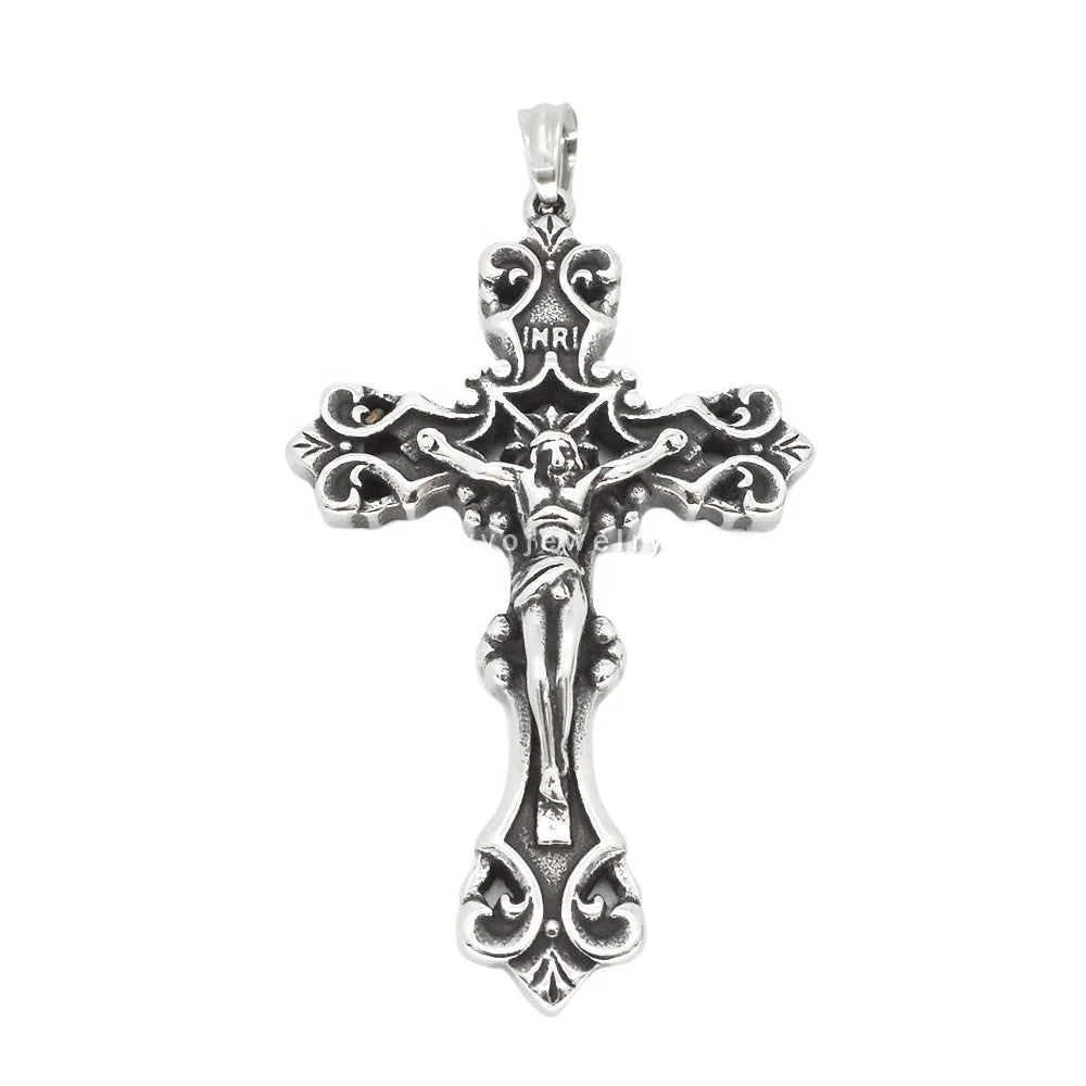 Classic Christian Jewelry Croix Jesus Necklace Retro Men's Stainless Steel Cross Pendant Silver