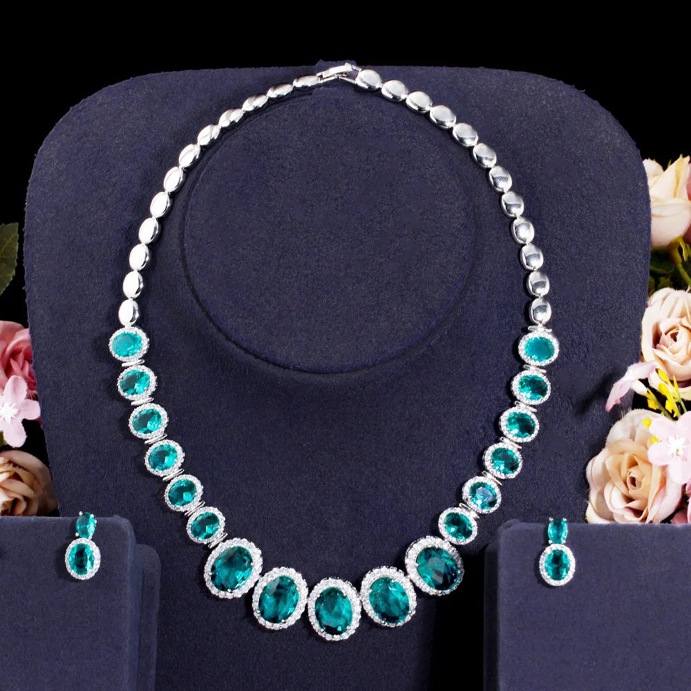 Large Size Oval Cut Cubic Zirconia Stone Emerald Green Color Necklace and Earrings Jewelry Set for Ladies Evening Party Jewelry