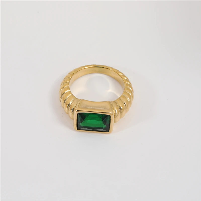 Joolim Jewelry Wholesale 18K Gold Plated Croissant Green Square Zirconia Stainless Steel Chunky Rings for Women Rings
