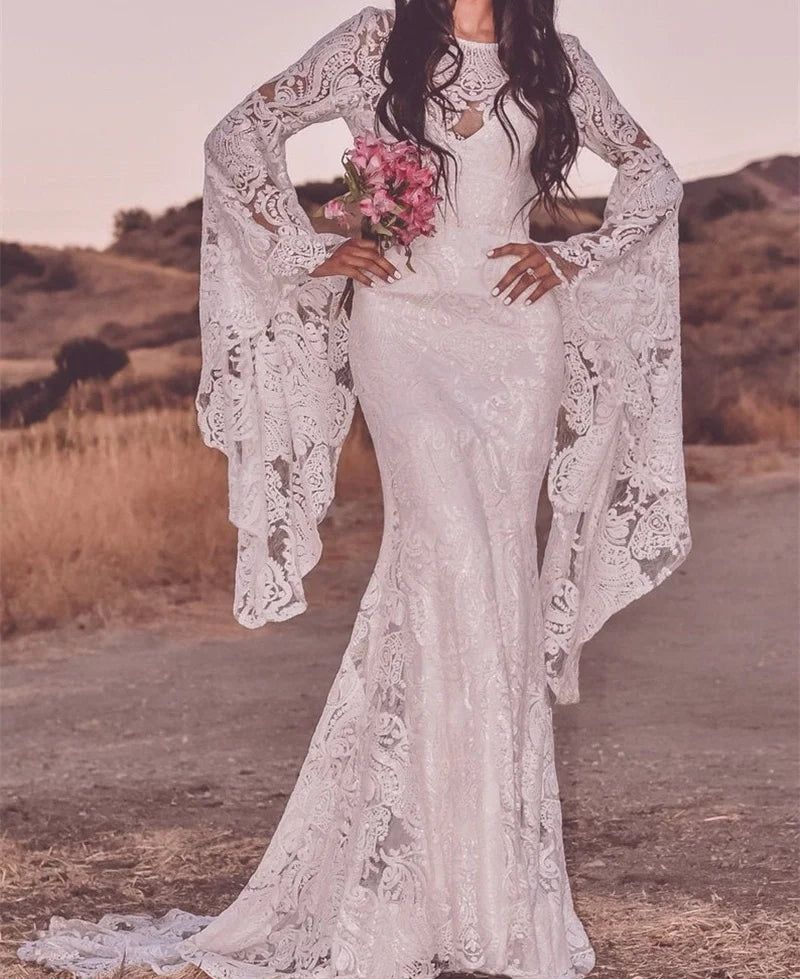 11197#Boat Neck Boho Wedding Dress Bohemian Sheer Lace Flare Sleeves Mermaid Hourglass V Back Gown W/ Train