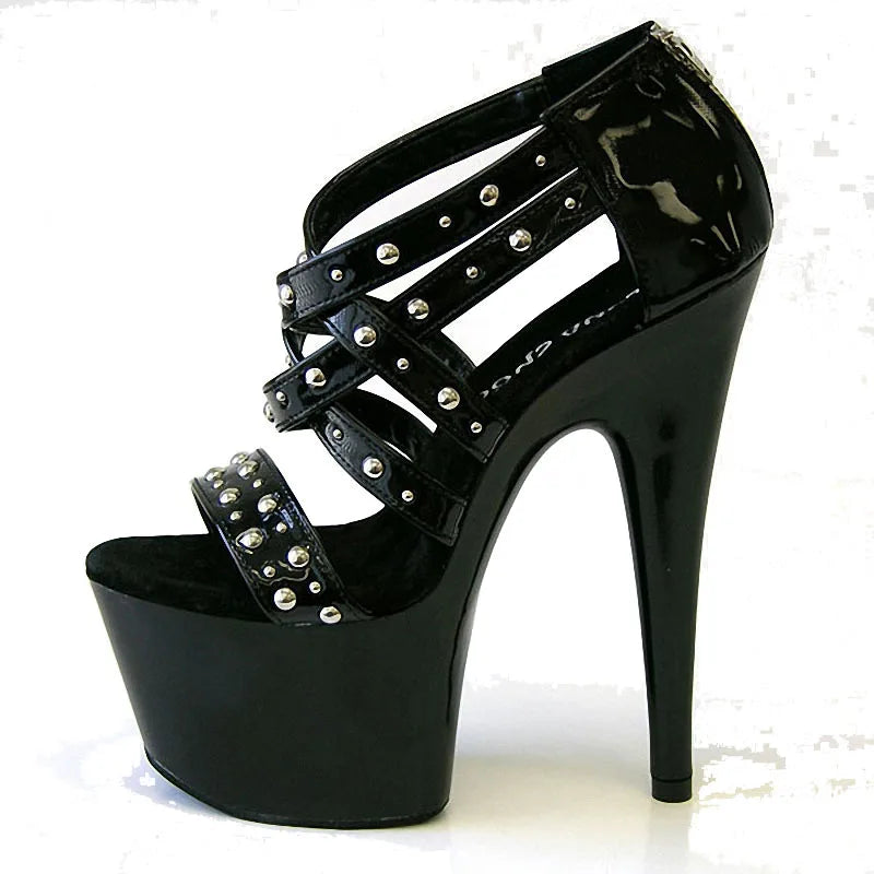 Thin heel 17 cm punk rivet platform high heels steel pipe dance transvestite fashion large high heels summer women's leaky toe s