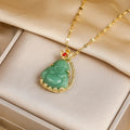 Religious Green Jade Buddha Pendant Necklace Adjustable 18k Gold Plated Stainless Steel Lip Chain Laughing Buddha Jade Necklace