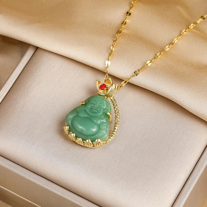 Religious Green Jade Buddha Pendant Necklace Adjustable 18k Gold Plated Stainless Steel Lip Chain Laughing Buddha Jade Necklace