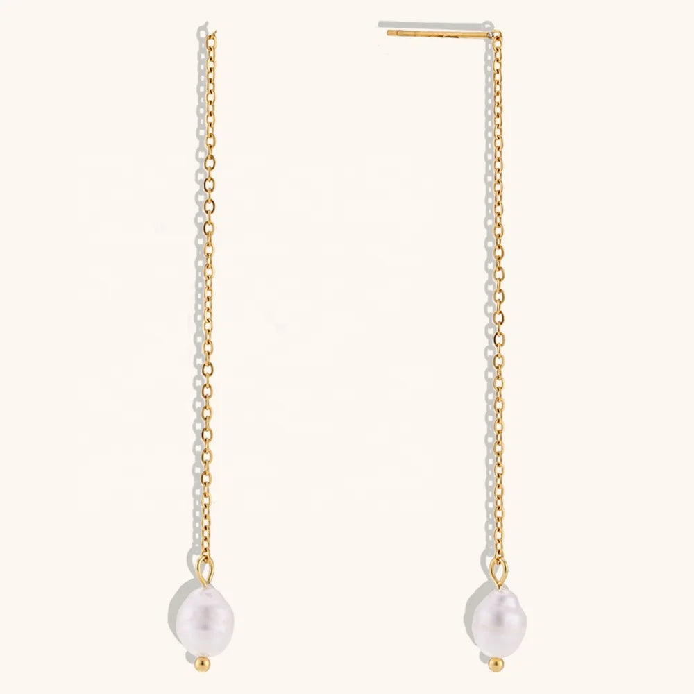 Dingran Fashion Jewelry Earrings 18K Gold Plated Stainless Steel Natural Freshwater Pearl Drop Earring