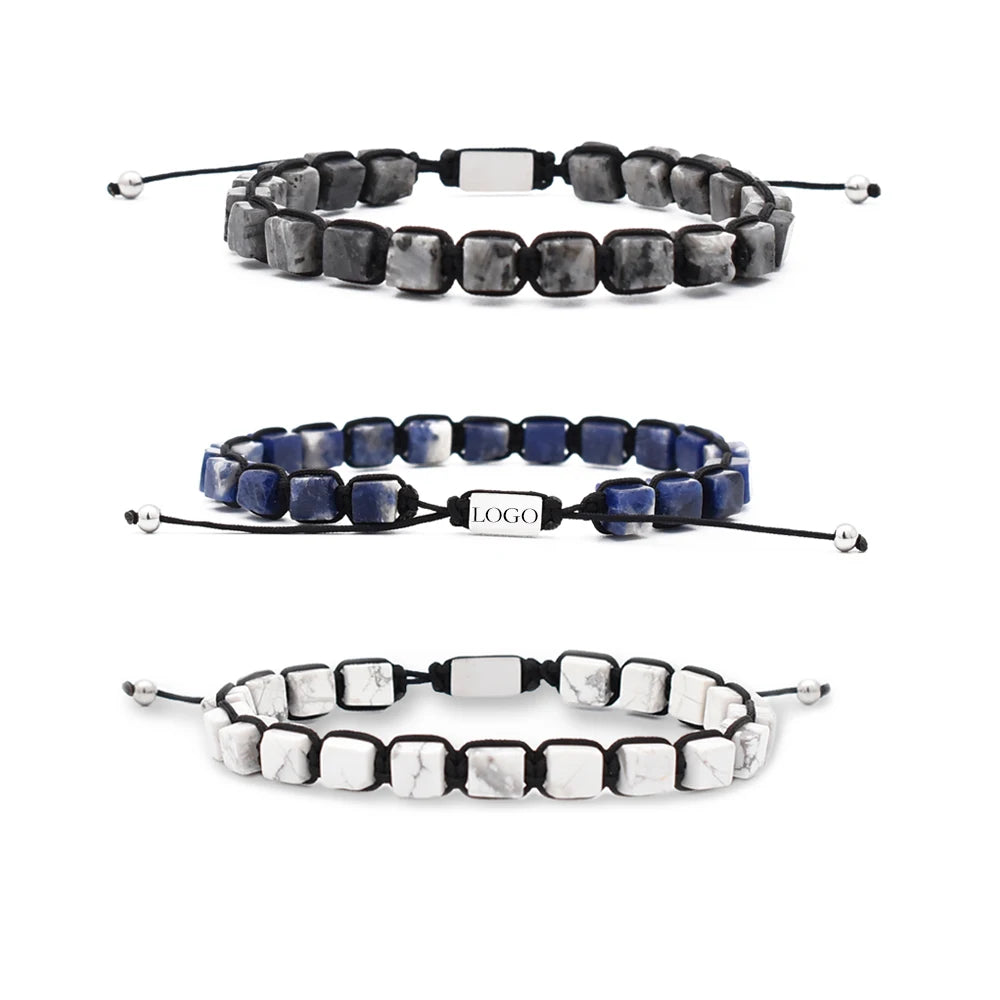 Trendy 6*6MM Black Agate Square Bead Men's Stainless Steel Rhodium Plated Adjustable Bracelet Anniversary Daily Wear Wholesale