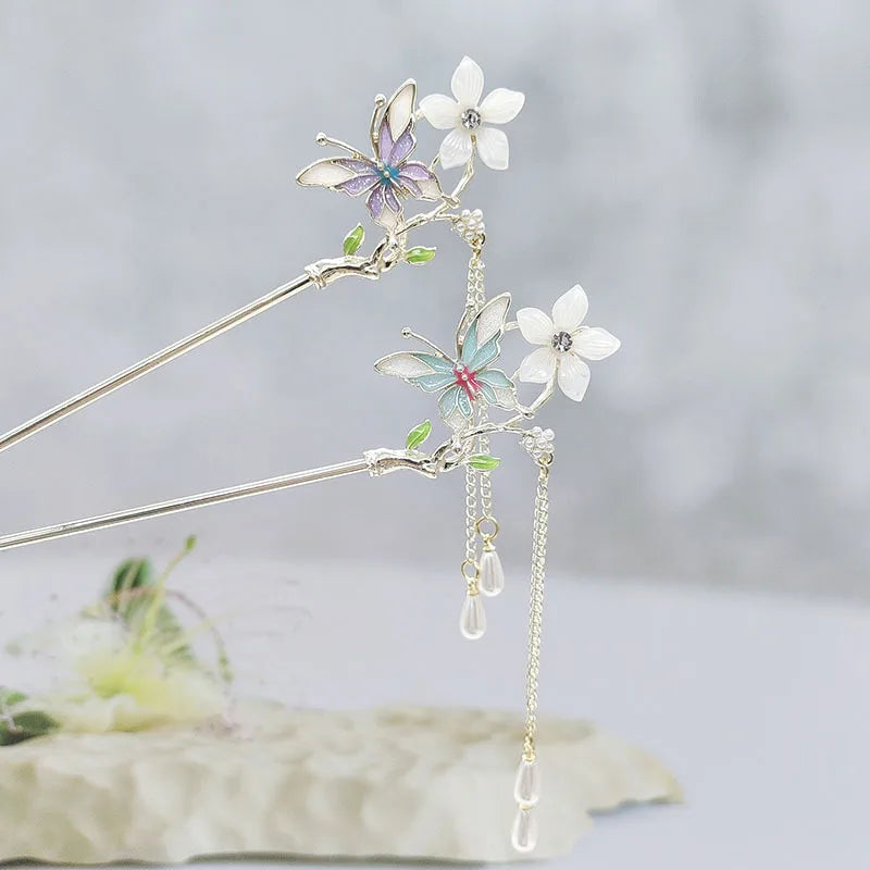 Vintage Chinese Butterfly Flower Tassel Hair Stick Chopstick for Women Handmade Pearl Hairpin Hair Sticks Accessories