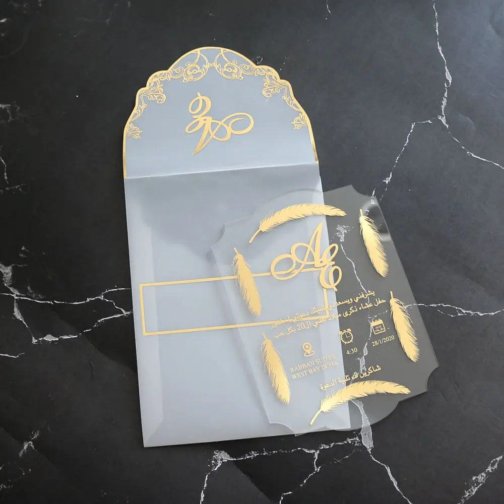 Feather Theme DIY Party Gold Foiling clear Acrylic Invitation with Tracing Paper Envelope Pocket MegaBDM