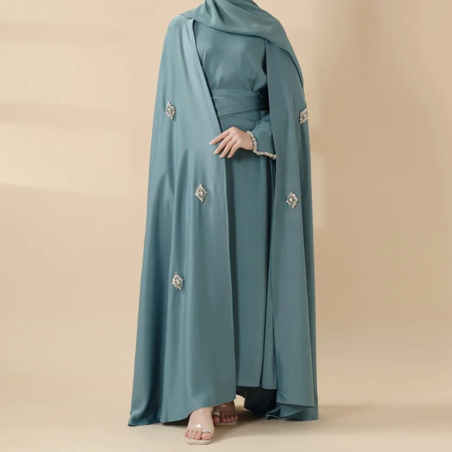 Modern Modest Plus Size Islamic Moroccan Caftan Abaya with Rhinestones Hijab Jersey Premium for Muslim Women