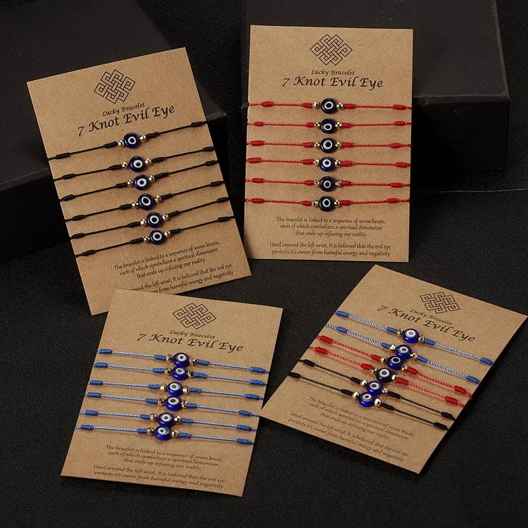 7 Lucky Knot Evil Eyes Black Red String Pinky Swear Promise Couple Bracelets with Make a Wish Card Turkish Evil Eyes Bracelet