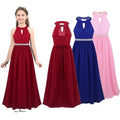 Kids Girls Chiffon Sleeveless Halter Beaded Waist Flower Girl Dress Princess Pageant Wedding Bridesmaid Birthday Party Dress
