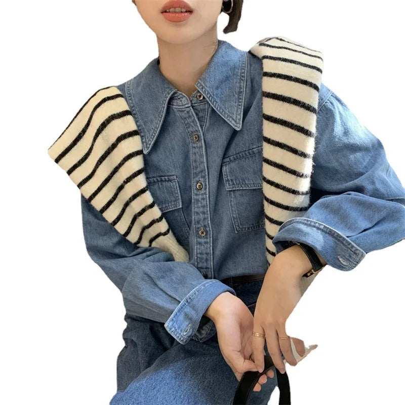 Autumn New Style Korean Retro Simple Single-breasted Loose Casual Double Pocket Washed Blue Women Denim Shirt