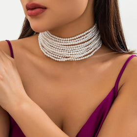 Handmade Multilayer Imitation Pearl Chunky Beads Chain Necklace Elegant Wedding Bridal Goth Clavicle Choker Necklace Jewelry