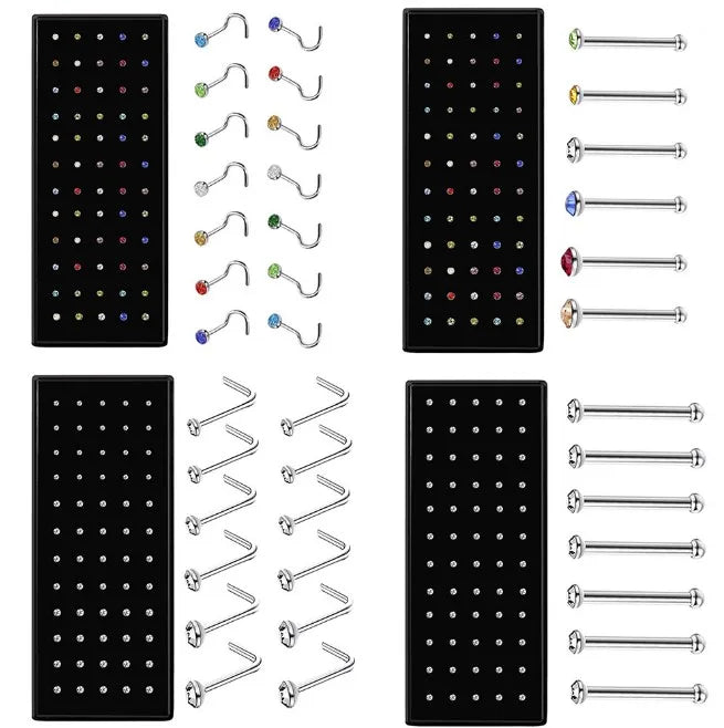 Stainless Steel L-Shaped Nose Studs 60pcs Per Box Diamond Bend Rod Crystal Nose Ring Piercing Accessories