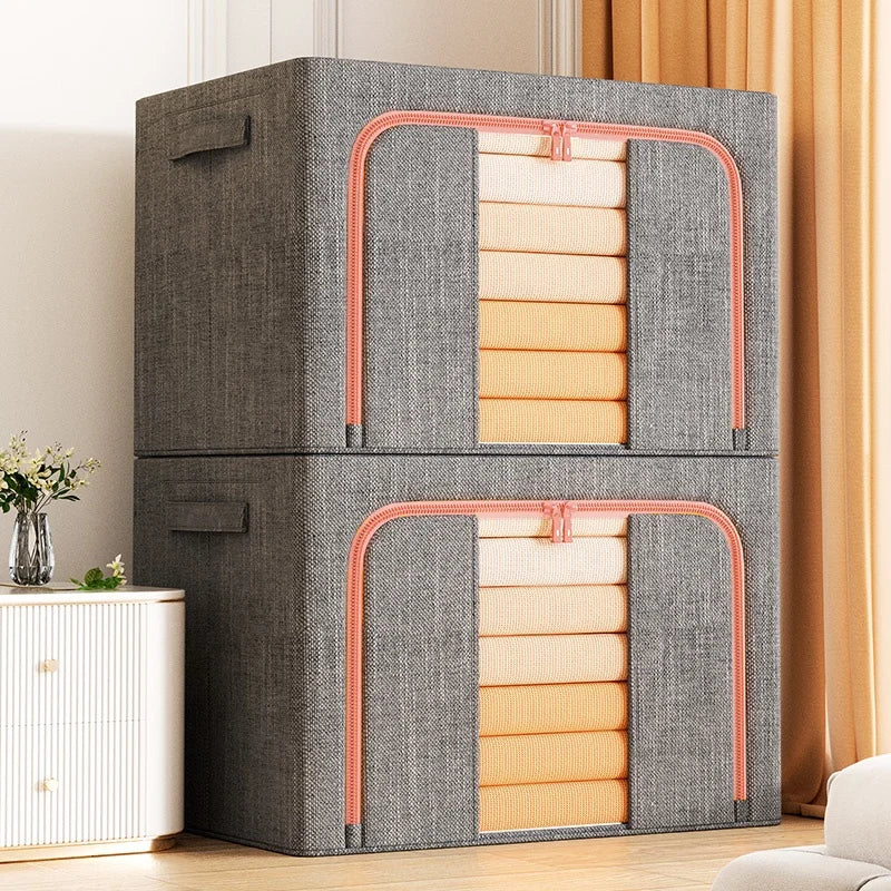 24/66/100L Wardrobe Foldable Cloth Storage Organizer Bag Large Capacity Waterproof Linen Steel Frame Clothes Storage Bag