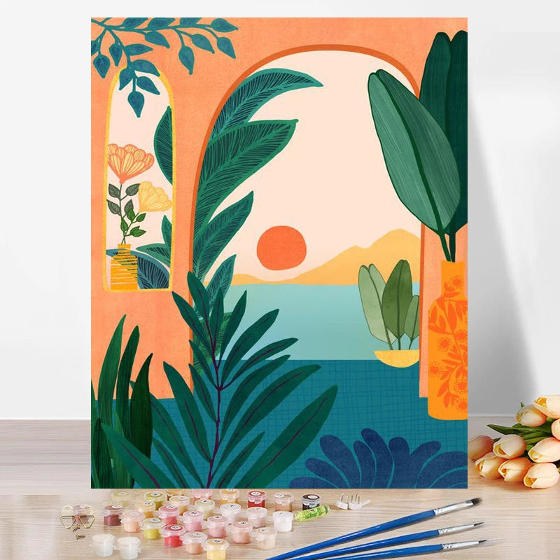 Wholesale Custom Sun DIY Oil Paint by Numbers Painting Landscape Adults Southeast Asia Handpainted Plant Picture Wall Home Decor