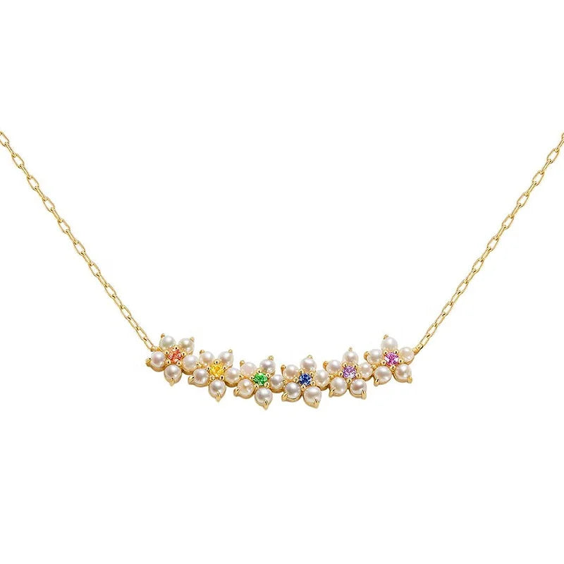 Milskye Fashion Design 925 Sterling Silver Gold Vermeil Dainty Mini rainbow Zircon Floral Pearl Necklace