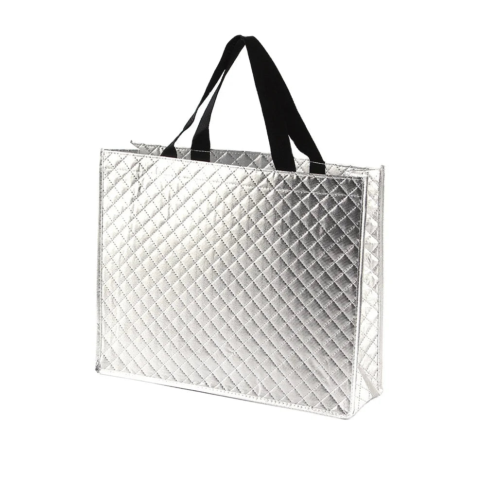 Custom Logo Eco Friendly Quilted Non Woven Tote Bag Metallic Foil Laminated Holographic Silver Custom Design Promotional Gifts