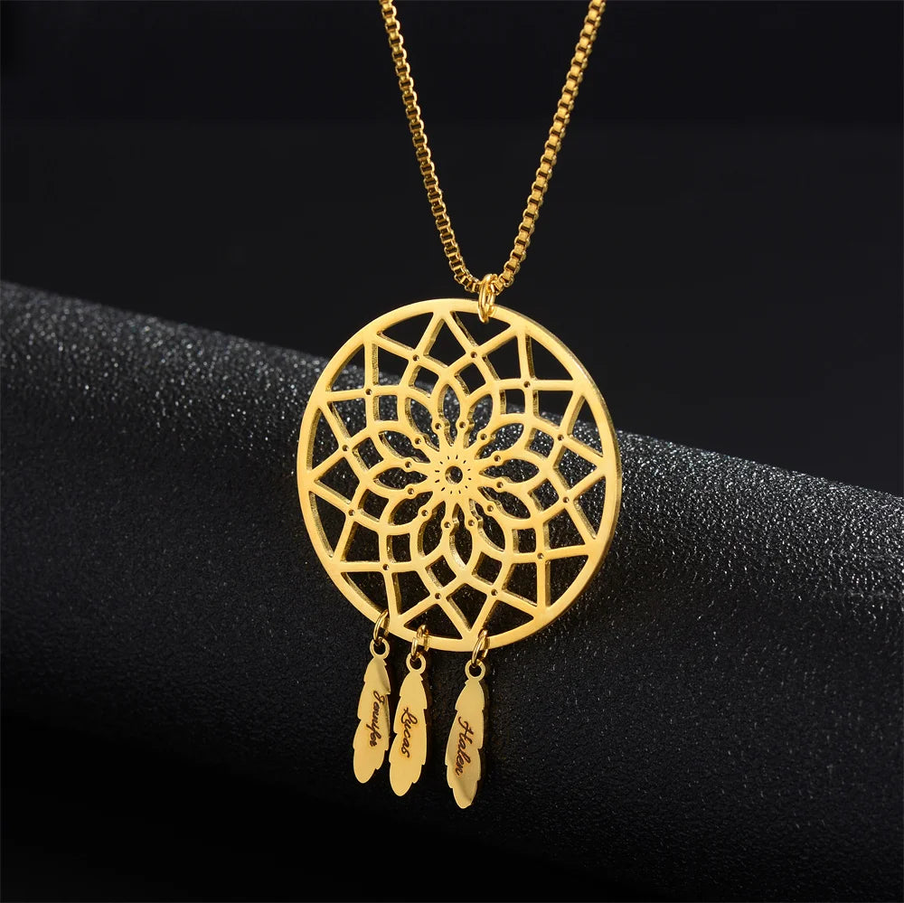 Circular Creative Hollowed Out Women's Dream Catcher Necklace Feather Pendant with Engraved Letters Mother's Day Gift Necklace