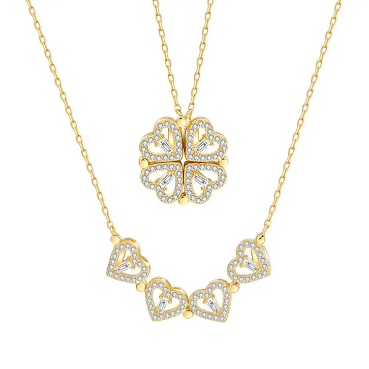 SC Hot Selling Gold Plated Stainless Steel Clover Necklace Women Luxury Openable Zircon Love Heart Four Leaf Clover Necklace