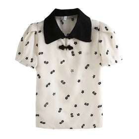 Vintage Print Women Blouse Tops Female Short Sleeve Button OL Workwear Casual Shirts 1083#