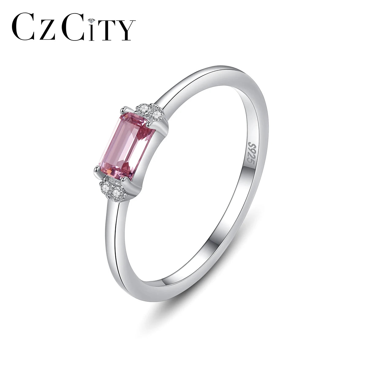CZCITY Sterling Silver Fashion Woman New Trendy Red Ruby Girl Real 925 Synthetic Gemstone Unique Pink Diamond Ring
