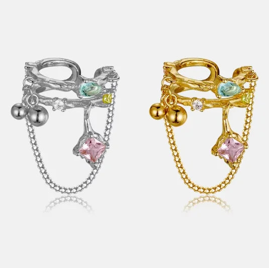 FUAMAY Aretes Colored Zircon Gold Plated Clip on Cuff Chain Earrings Silver 925 Double Layer Clip on Earrings Non Pierced