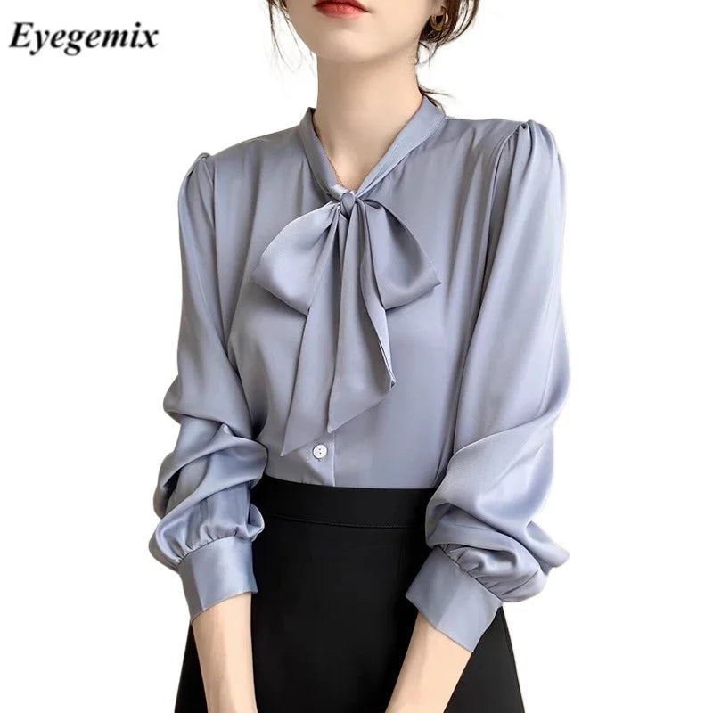 8928# Blouse Women Shirts Tops Bow Lace-up Long Sleeve Button up Shirt New Office Lady Autumn Fashion Clothes