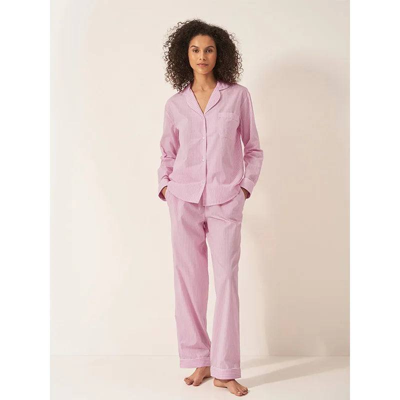 Pink and White Stripe Women's Pajama Set Organic Cotton Long Sleeve Trouser