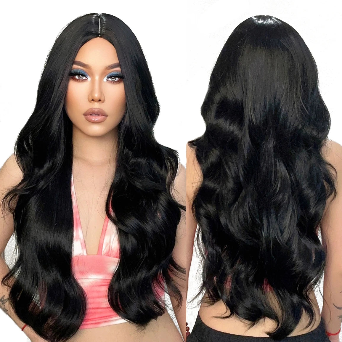 Manufacturer Long Black Wavy Synthetic Wigs for Black Women Long Natural Wigs With Bangs Heat Resistant False Hair Wig
