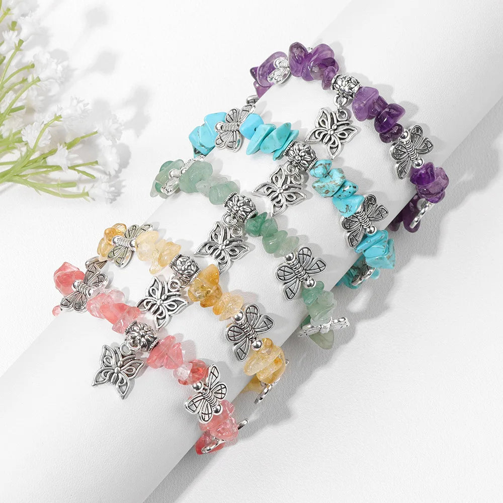 Dainty Chips Stone Bracelet Jewelry for Women Girls Natural Gemstone Beaded Bracelet Adjustable Cute Butterfly Healing Crystal