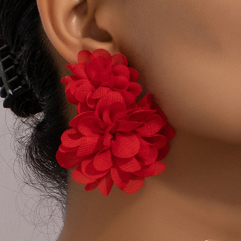 2024 New Arrival Fashion Jewelry European Metal Double Heart Earring Polyester Fabric Bohemian Big Floral Flower Drop Earrings