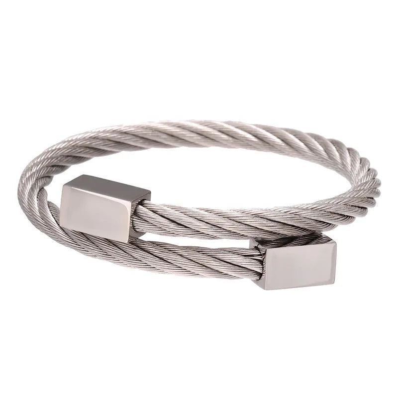 2022 Luxury Handmade Jewelry Silver Color Stainless Steel Open Cuff Hemp Rope Bangle Bracelet for Men