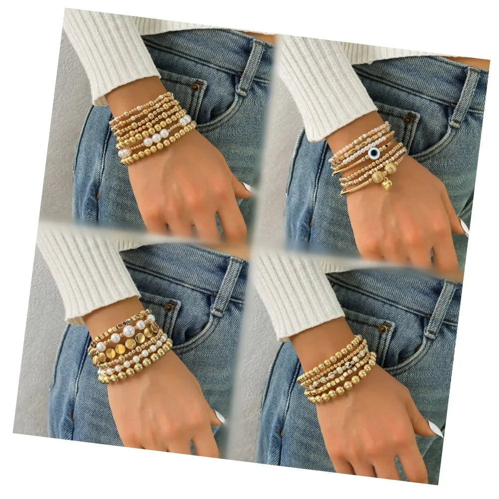 New Fashion Retro Boho Gemstone Eye Charm Bead Bracelet Crystal Stone Beaded Stretch Bangle Set for Women Jewelry