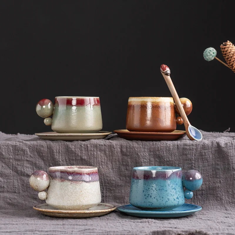 Bulk Rustic Premium Vintage Creative Spherical Handle Ceramic Tea Cups and Saucers Sets