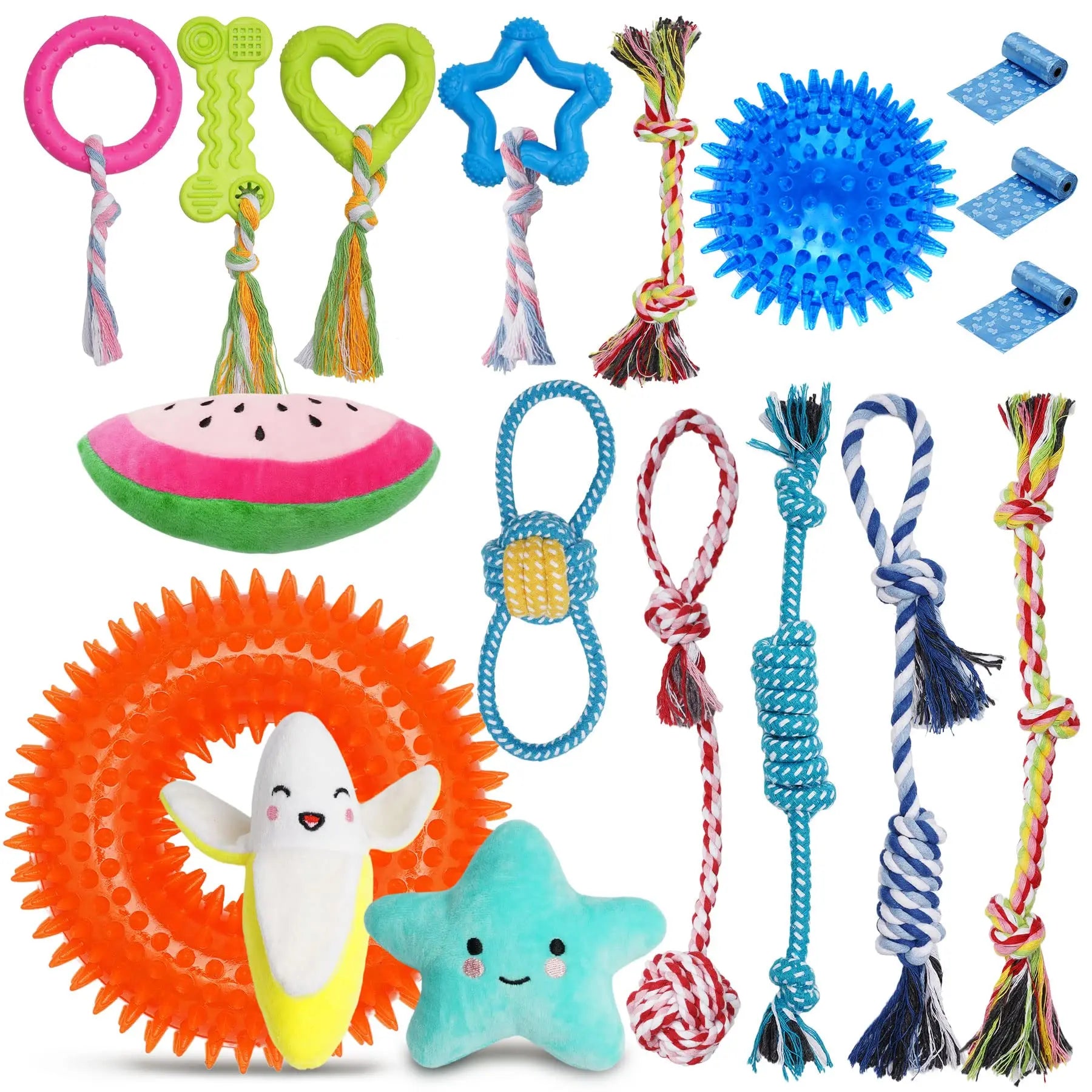 KIPRITII 18-Pack Super Value Puppy Chew Toys Squeaky Pet Teething Bite Toy with Rope for Small Dogs