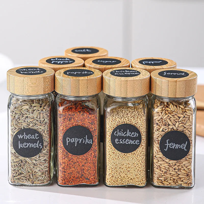 Square Bamboo Lid Metal Lid 4oz 100ml Spice Bottles Glass Seasoning Jars Glass Spice Jars