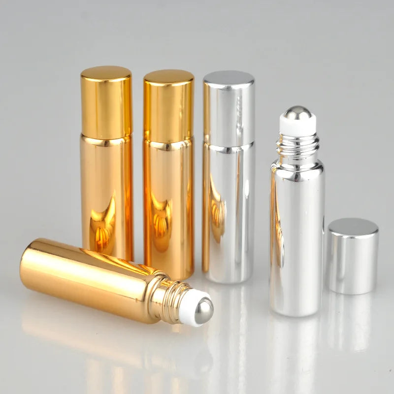 5ml 10ml Luxury Glass Essential Oil Perfume Roll Bottle Gold Silver Black UV Printed Stainless Steel Roller for Ball Carton Pack