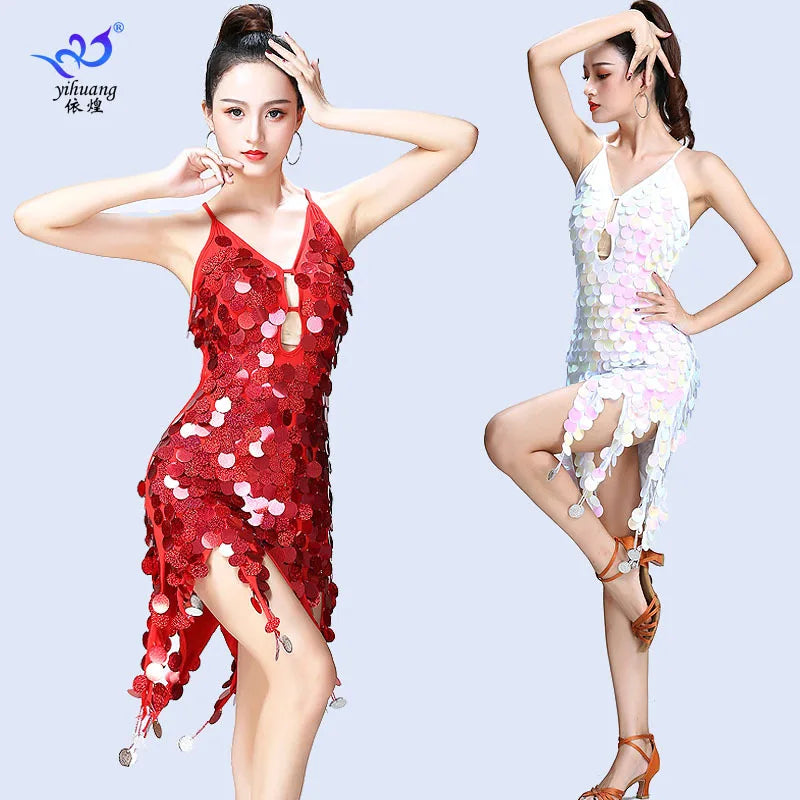Latin Dance Sequin Slip Dress Performance Costume