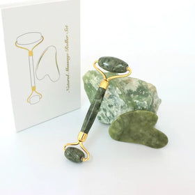 Noiseless Anti Aging Jade Stone Jade Face Massage Roller and Gua Sha Set Custom logo Slimming Face Massage Tool