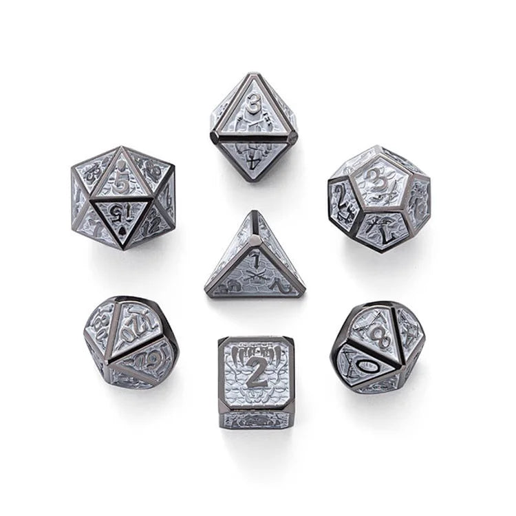 High Precision Engraved Dragon War D20 D6 Silver Metal Dice Set for Table Games Collections