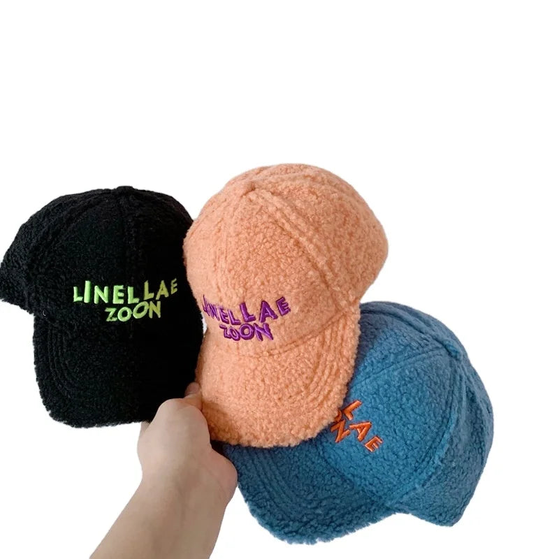 Autumn Winter Children's Baseball Hats Korean Casual Style New Girls Boys Warm Hats Curved Brim Letter Pattern Lambswool Denim