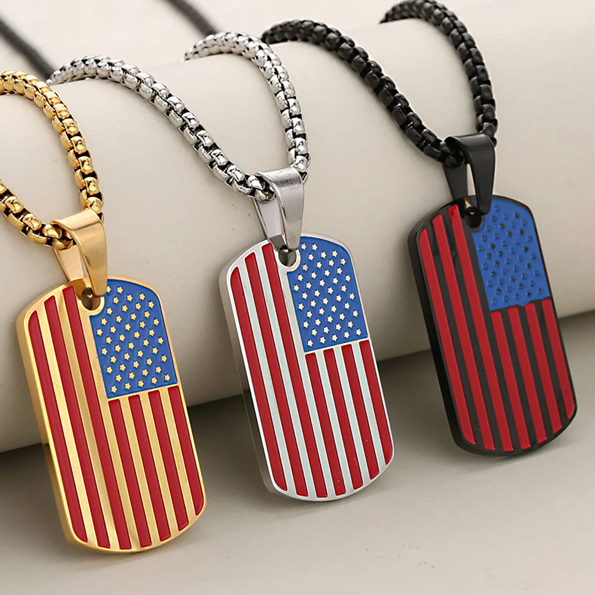 Merryshine Mens Personality Enamel Custom Oval Design US Flag Black Gold Plated Stainless Steel Pendant Necklace