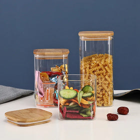 Square Stackable Kitchen Canisters Set Large Glass Storage Jars for Candy Cookie Rice Sugar Flour Pasta Nuts