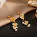 18K Gold Plating Leaves Pearl Pendant Earrings Tarnish Free Stainless Steel Long Leaves Pearls Drop Earrings
