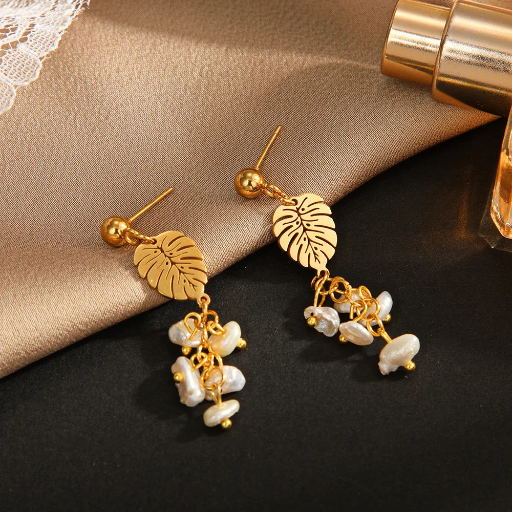 18K Gold Plating Leaves Pearl Pendant Earrings Tarnish Free Stainless Steel Long Leaves Pearls Drop Earrings