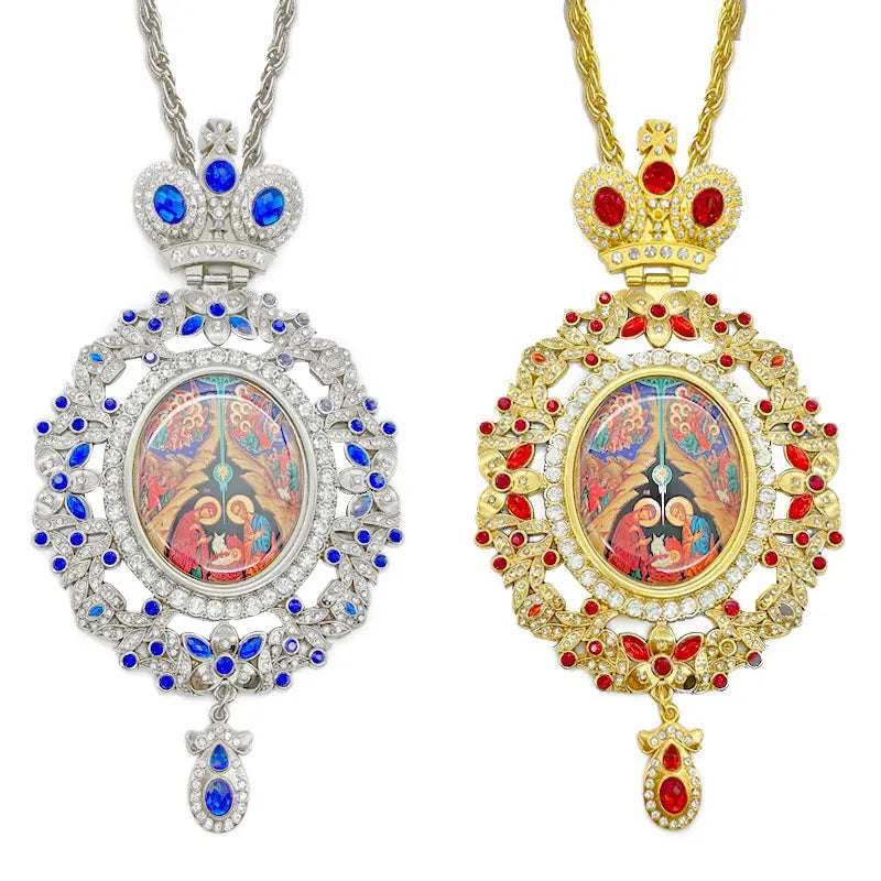 HT Orthodox Religious Gold and Silver Plated Color Pectoral Cross Necklace with Customize Colorful Stones